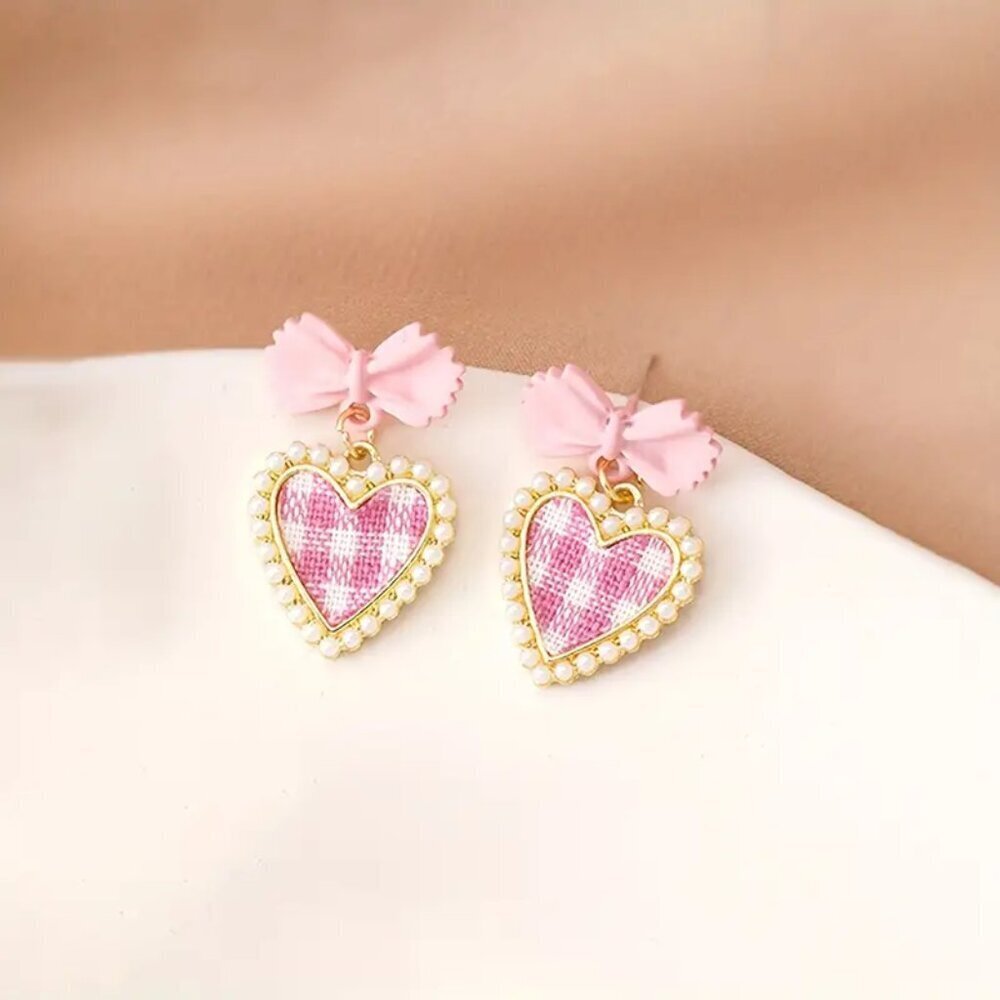NEW pink checkered bow earrings coquette bow jewelry pink bow dangle earrings - Picture 4 of 4